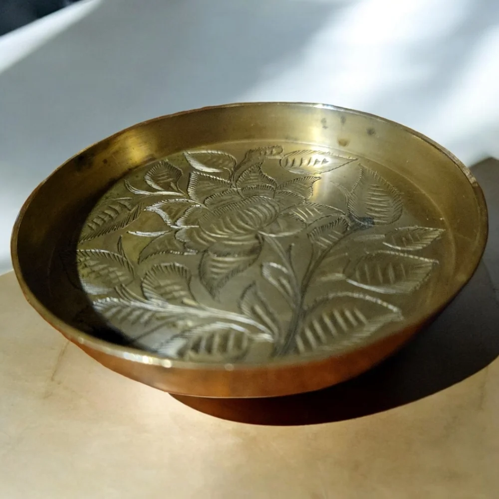Vtg 70's Handcrafted India Floral Etched Brass Drink Coaster (#1)